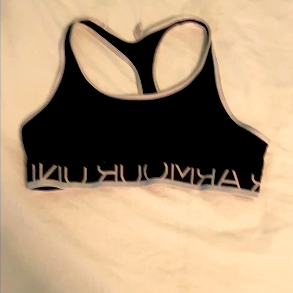 Women’s black and white under armor sports bra